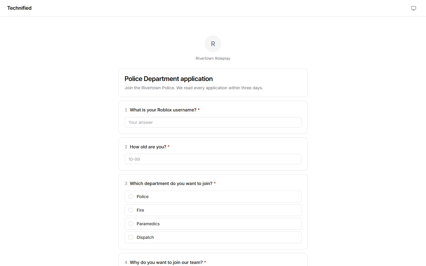 An application form with its questions