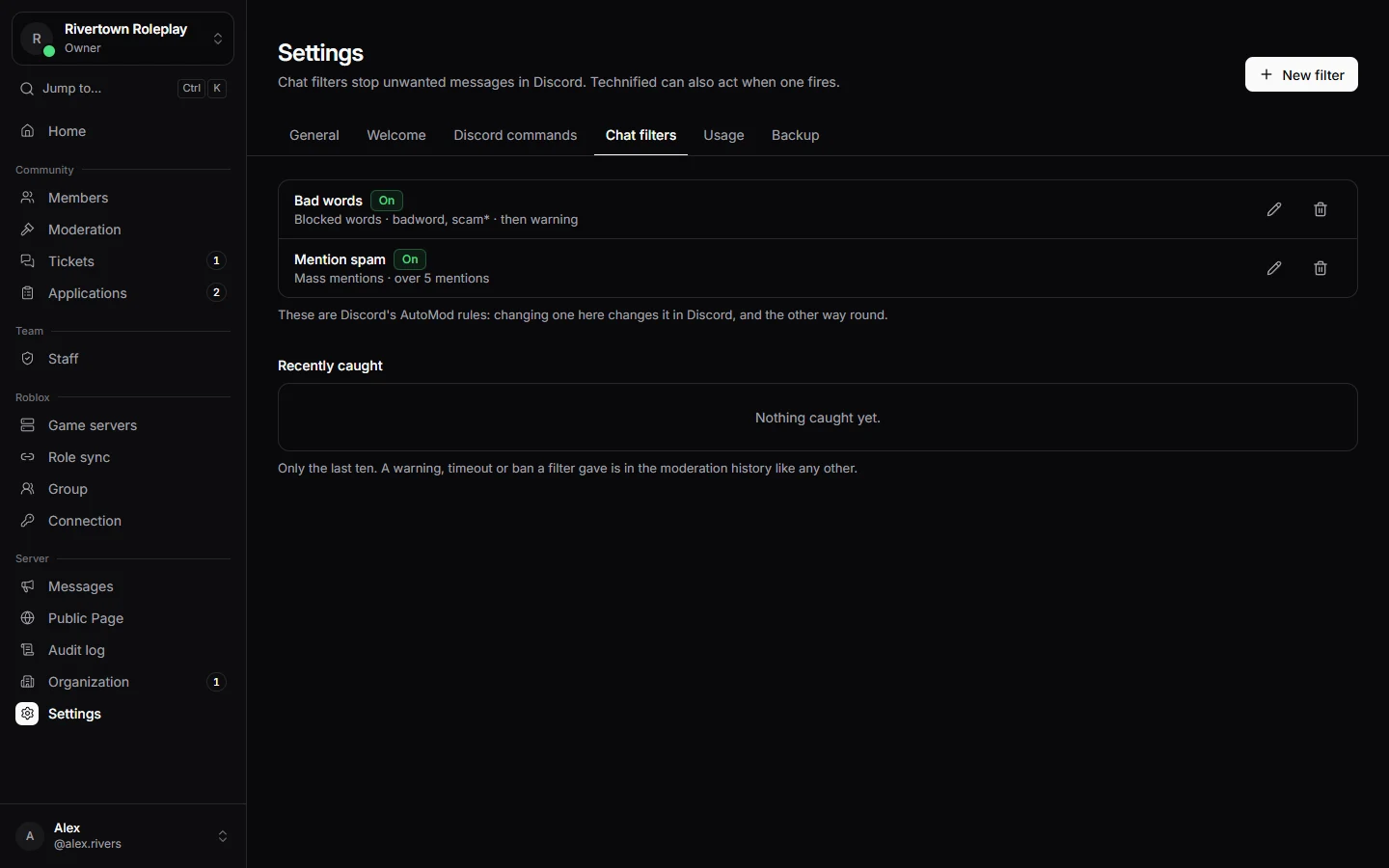 The chat filters of a server