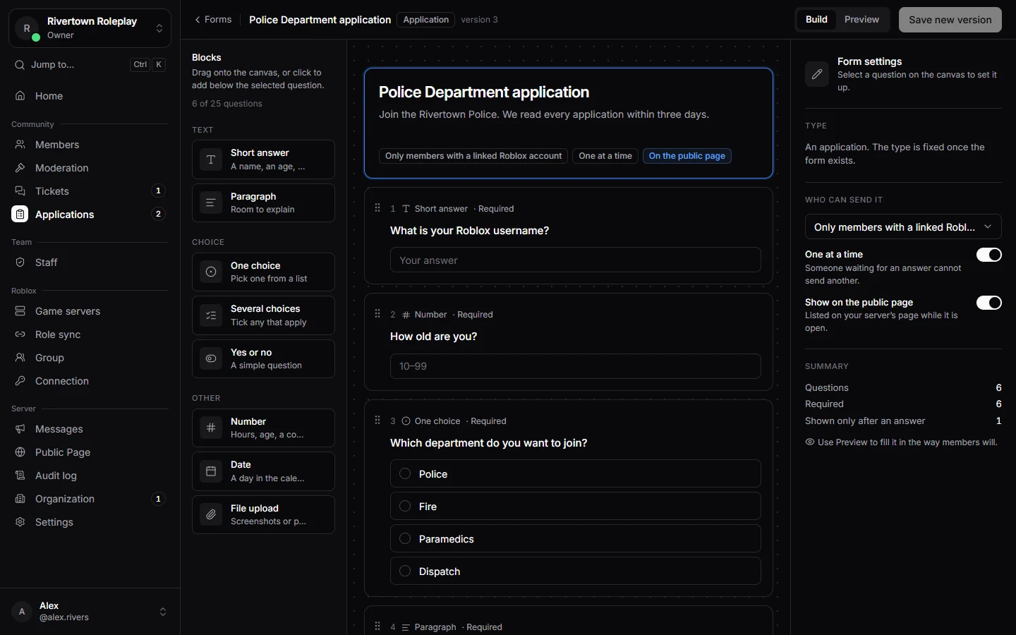 The form builder with a list of questions