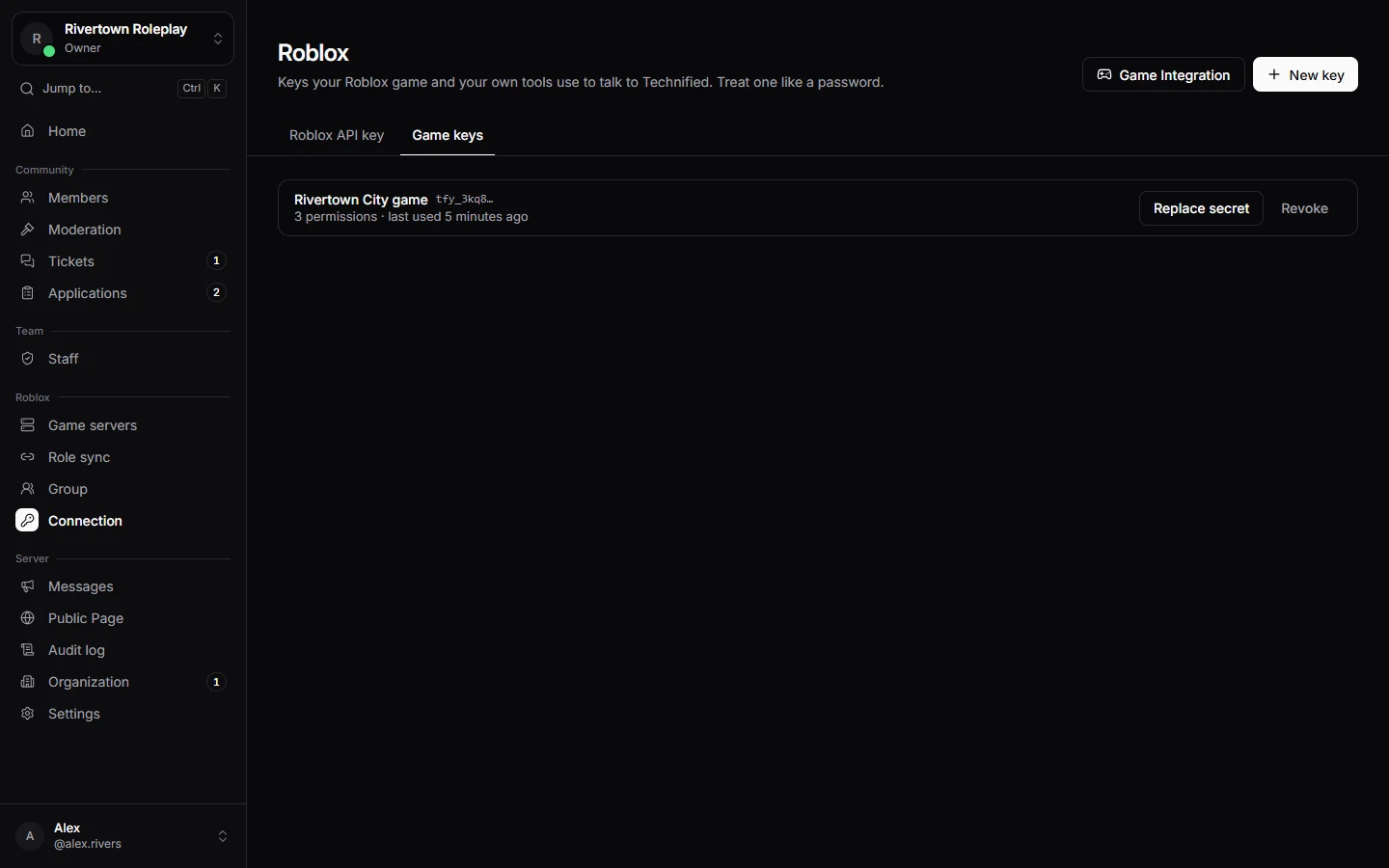 The game keys page in the dashboard