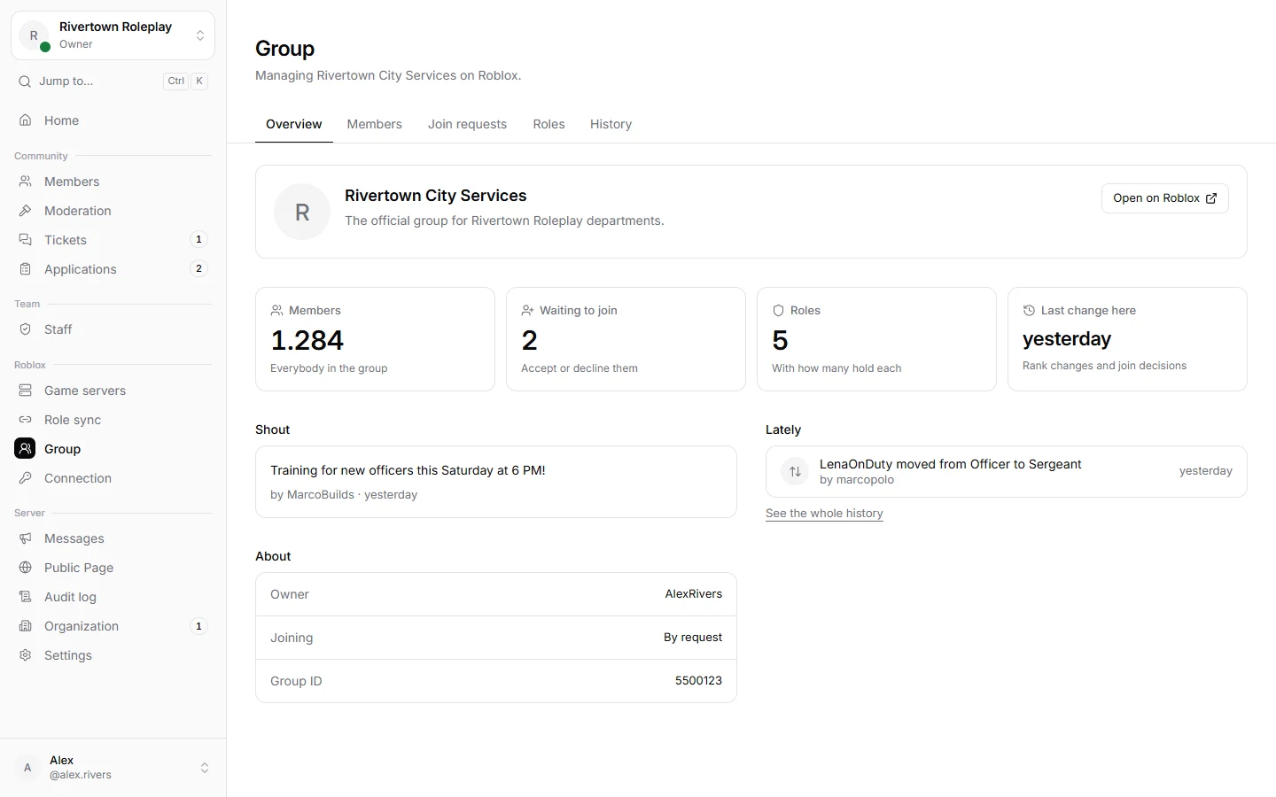 The overview of a Roblox group