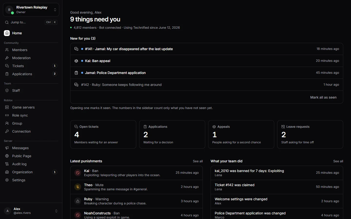 The home page of a server in the Technified dashboard