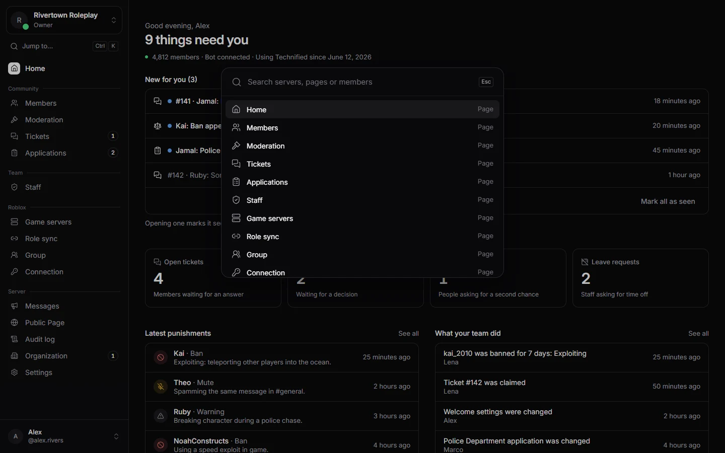The Jump to search, open over the dashboard