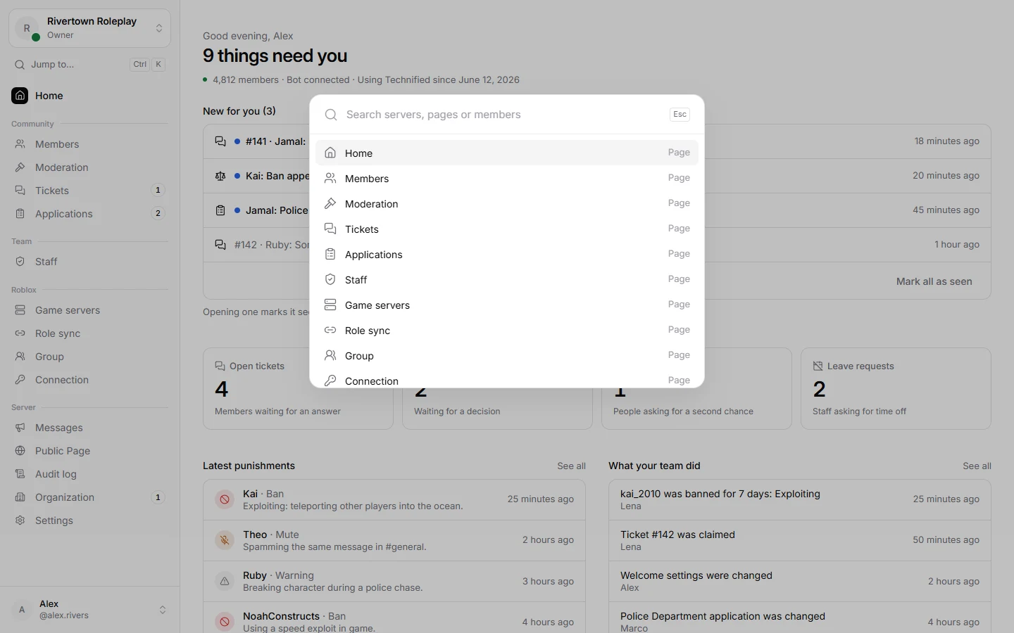 The Jump to search, open over the dashboard