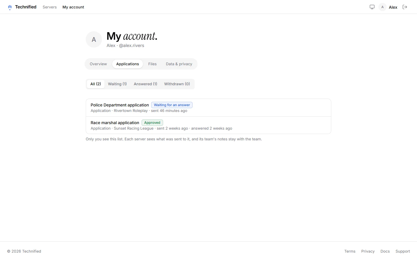 Your own applications on your account page