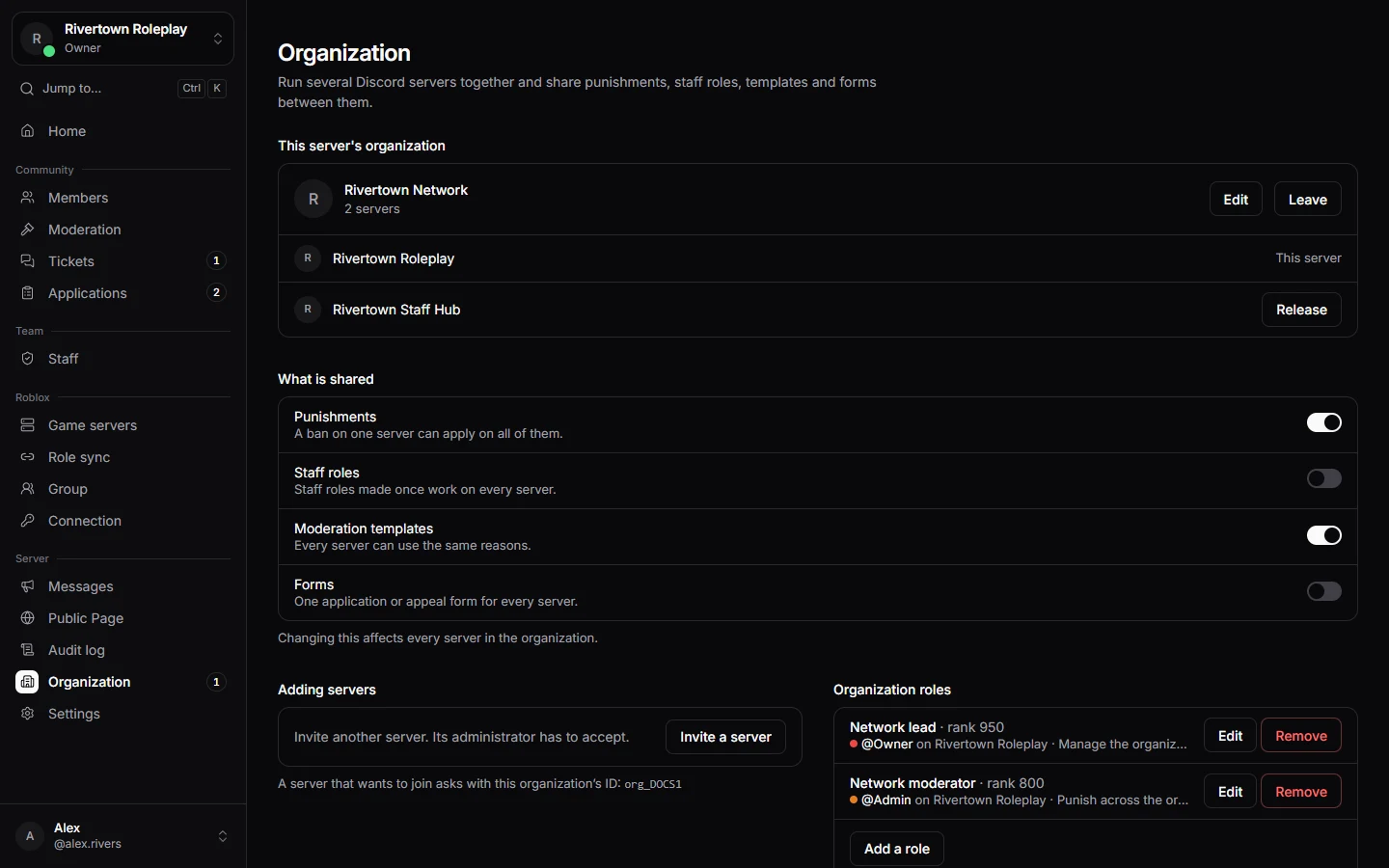 The organization page with its servers and what they share