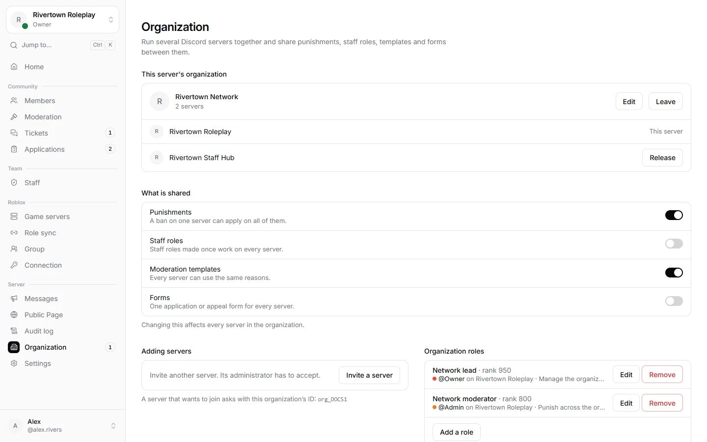The organization page with its servers and what they share