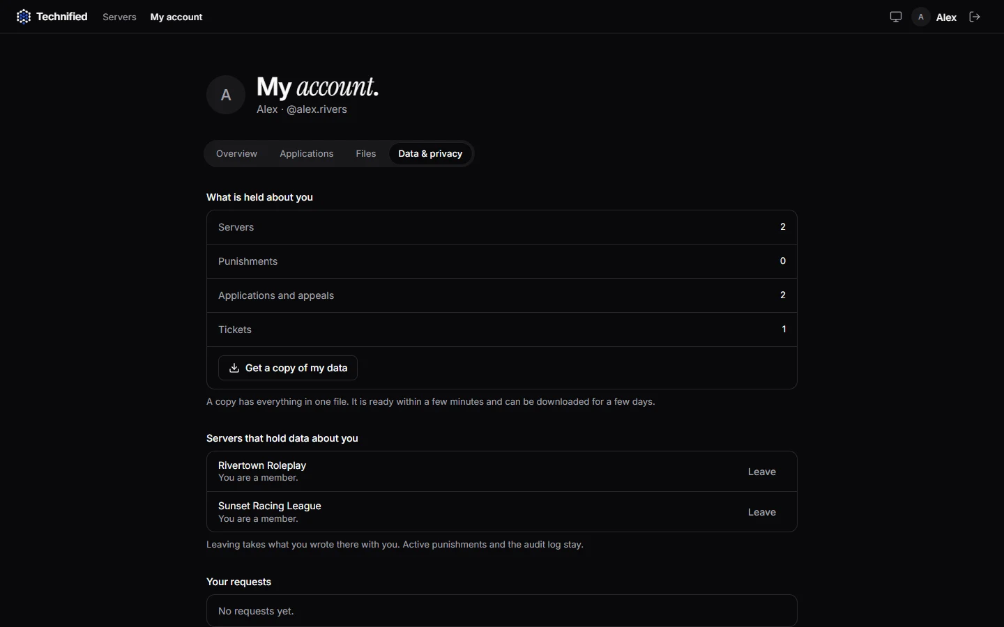 The privacy page of your account