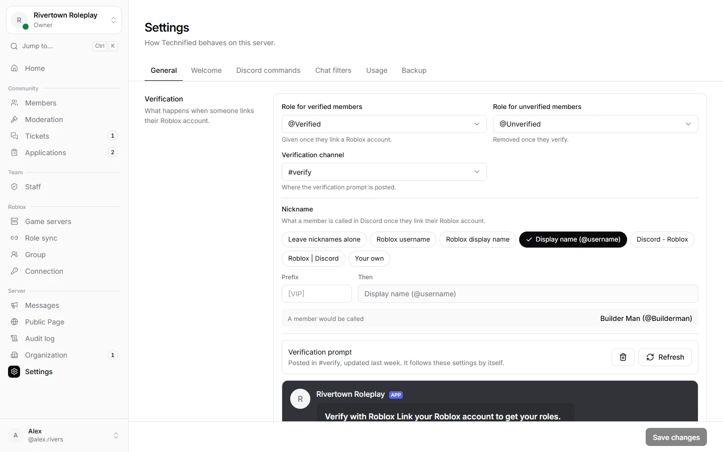 The General settings with verification
