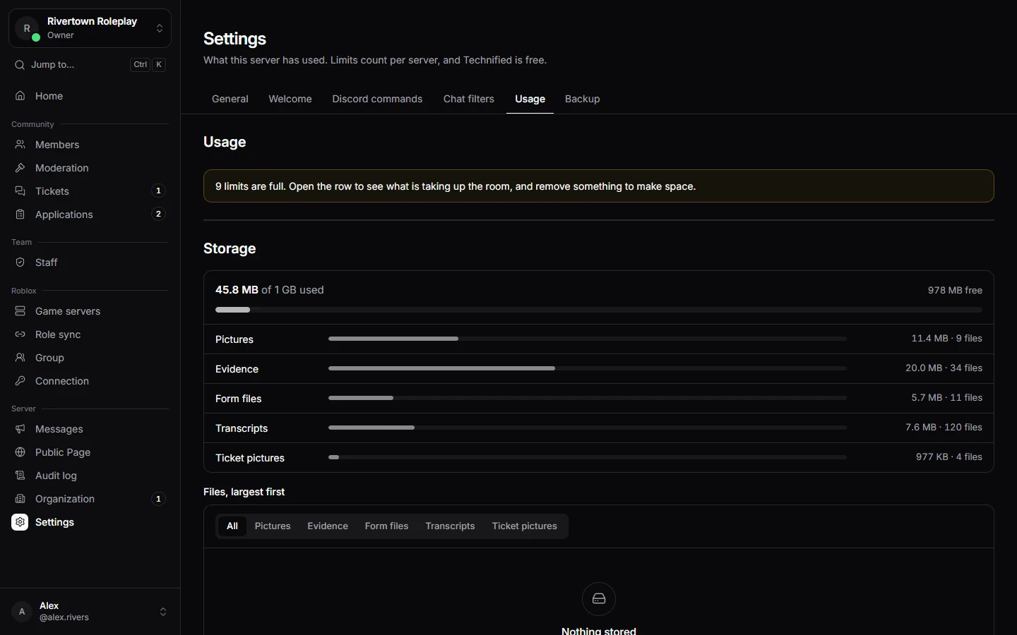 The Usage tab